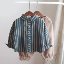 Лидер продаж, новые детские рубашки для мальчиков Классическая Повседневная одежда в ретро-стиле в полоску для мальчиков от 12 месяцев до 7 лет, одежда на весну и осень