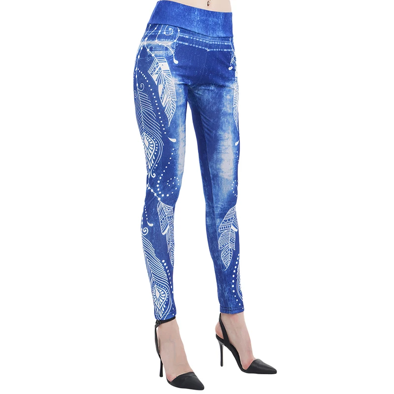 Женские брюки с высокой талией, джинсы с 3D принтом, леггинсы для фитнеса, утягивающие Леггинсы с принтом размера плюс лосины из джинсовой ткани с карманами