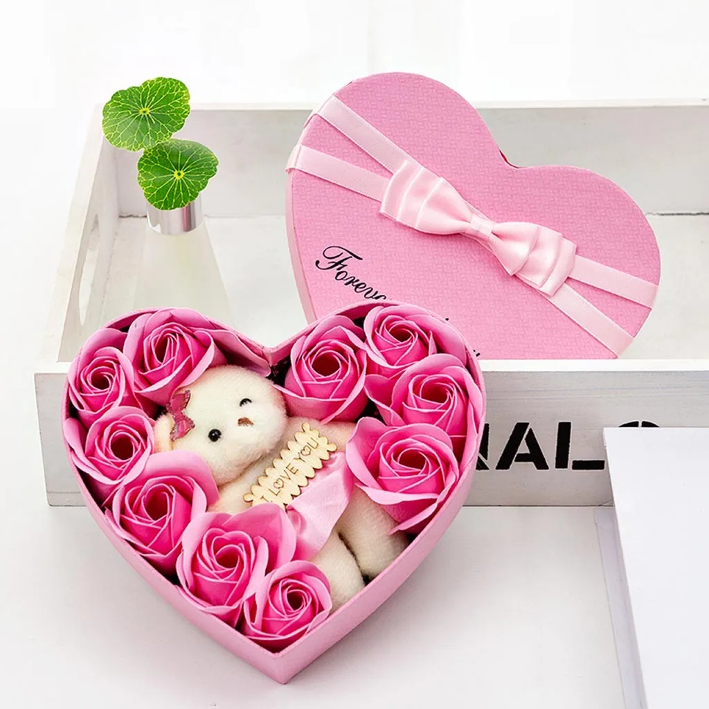 День Святого Валентина 10 цветов мыло цветок подарок Роза Коробка Букет медведей свадебное украшение подарок фестиваль в форме сердца коробка - Цвет: D