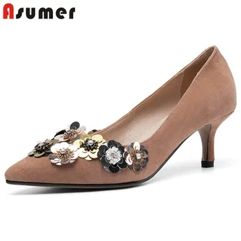 

ASUMER 2020 new arrival pumps women shoes suede leather flower pointed toe thin heel fashion spring summer single shoes woman