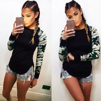 

New Women's Camouflage Print T-Shirts Spring Autumn Tops Casual Long Sleeve Patchwork T Shirt Female Red Pink Grey Pullover Top