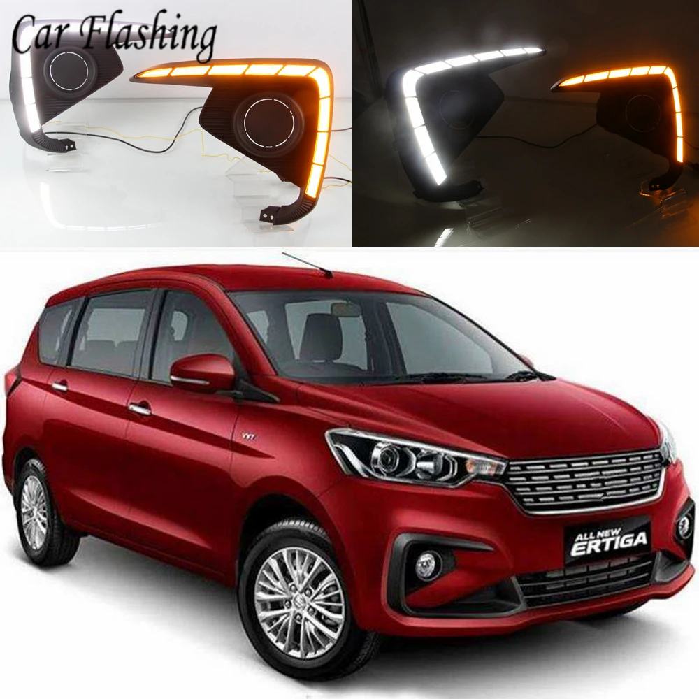 

Car flashing 2PCS LED Daytime Running Light For Suzuki Ertiga 2018 2019 DRL Fog Lamp Cover Headlamp Yellow turn signal Lamp