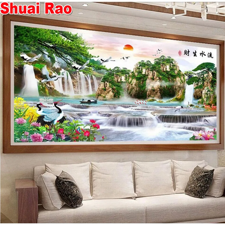 DIY diamond painting Flowing water to make money 3d Cross stitch Sets For Full Embroidery kit Cross-Stitching Chinese scenery | Дом и сад