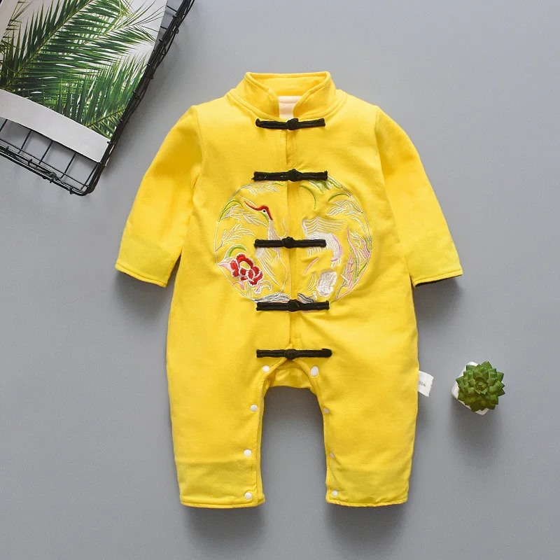 Осенне-зимний теплый комбинезон для новорожденных, детские комбинезоны для младенцев с вышивкой в китайском стиле, двухслойный комбинезон для детей от 0 до 24 месяцев - Цвет: Цвет: желтый
