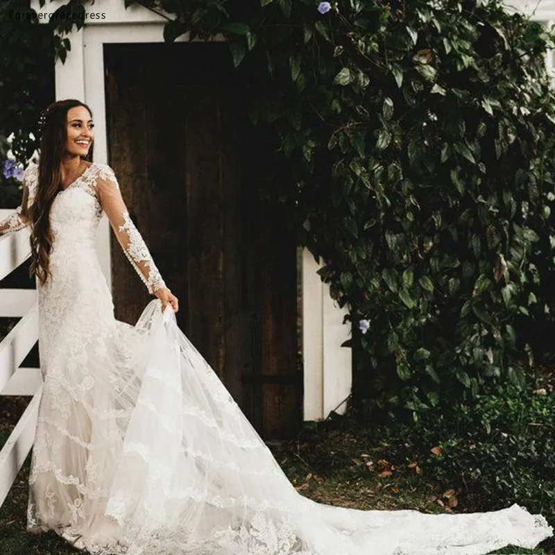 2017 Spring Summer Country Style Wedding Dresses Lace Sheer Long Sleeves Open Back Beach Bridal Gowns for Garden  105 (6)