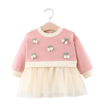 

Infant Clothing For Baby Dress Cute Toddler Kids Cherry Veil Princess Gown Dress Spring Newborn Long Sleeve Cotton Girls Dresses