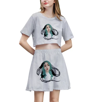 

New Billie Eilish 3D Exposed Navel t shirt+short Skirts women's sets Fashion Summer 3D Print Billie Eilish girl's two-piece sets