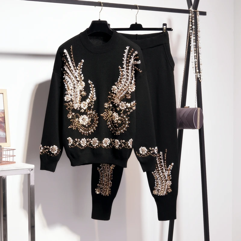 

Knit Outfits Women Handwork Beading Sequins Pullover Sweater Pencil Pants Two Piece Set Female Loose Casual Black Knitted Suit