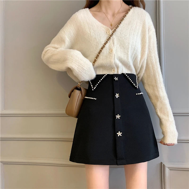 

Весна 2020, Новая Стильная черная юбка с бусинами, модная юбка в иностранном стиле, с высокой талией, тонкая трапециевидная юбка