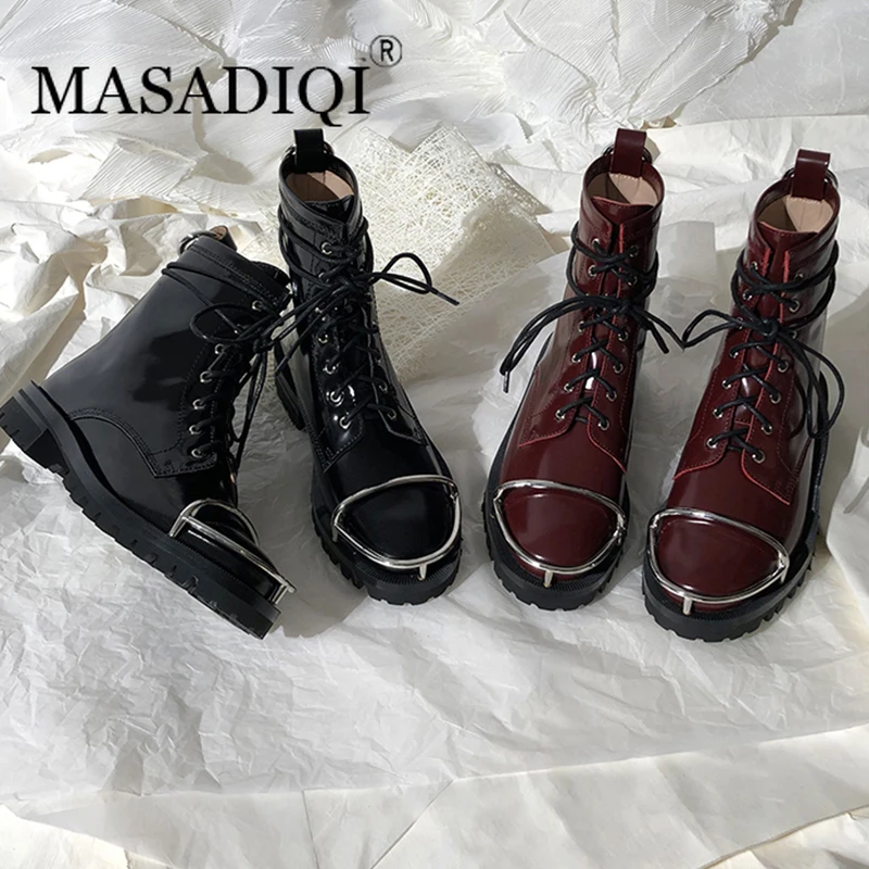 

MASADIQI Woman Martin Boots Genuine Leather Women's Knight Boots Platform Handmade Metal Toe Ladies Motorcycle Boots Booties