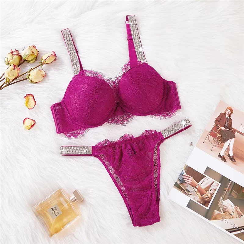 sheer bra and panty sets Sexy Bra and Panty Set Women Rhinestone Letters Cotton Lace Bralette Elegant Ladies Push Up Underwear Lingerie Plus Size cotton bra and panty sets