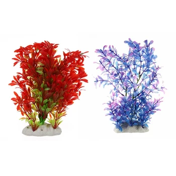 

2x Artificial Plastic Water Plant Purple-Blue Deco Of Aquarium & Red Green Color
