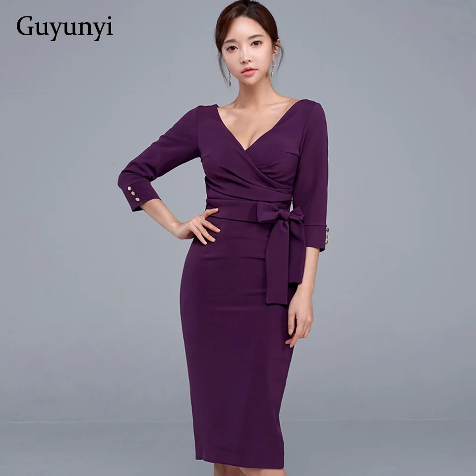 Purple Professional Office Lady Dress 2021 Autumn Simple V-Neck 3/4 Sleeve Waist Tie High Tight Elegant Party Women | Женская одежда