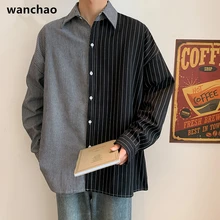 WANCHAO Men Shirt Long Sleeve Striped Patchwork Lapel Collar Chic Casual Shirts Men Button Breathable Oversize 2020 S-3XL