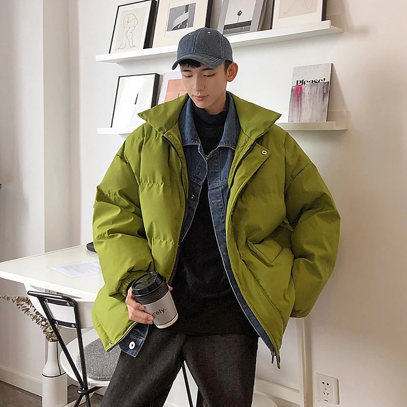 

Men's cotton clothing 2019 autumn and winter new warm denim fake two-piece cotton coat youth personality trend men's clothing