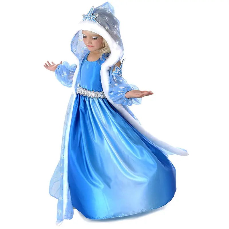 Костюм Эльзы для девочек на Хеллоуин; костюм Снежной Королевы; новогодний детский маскарадный костюм; зимнее пальто Эльзы с длинными рукавами; платье с накидкой; костюм - Цвет: M