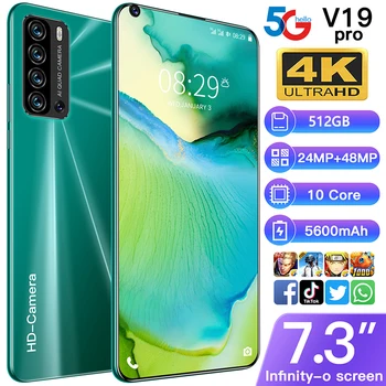 

V19 Pro 7.3Inch Smartphone FullScreen 5600mAh 8core 256GB Dual Card Dual Camera 24 48MP 4G Mobile Phone Android Global Version