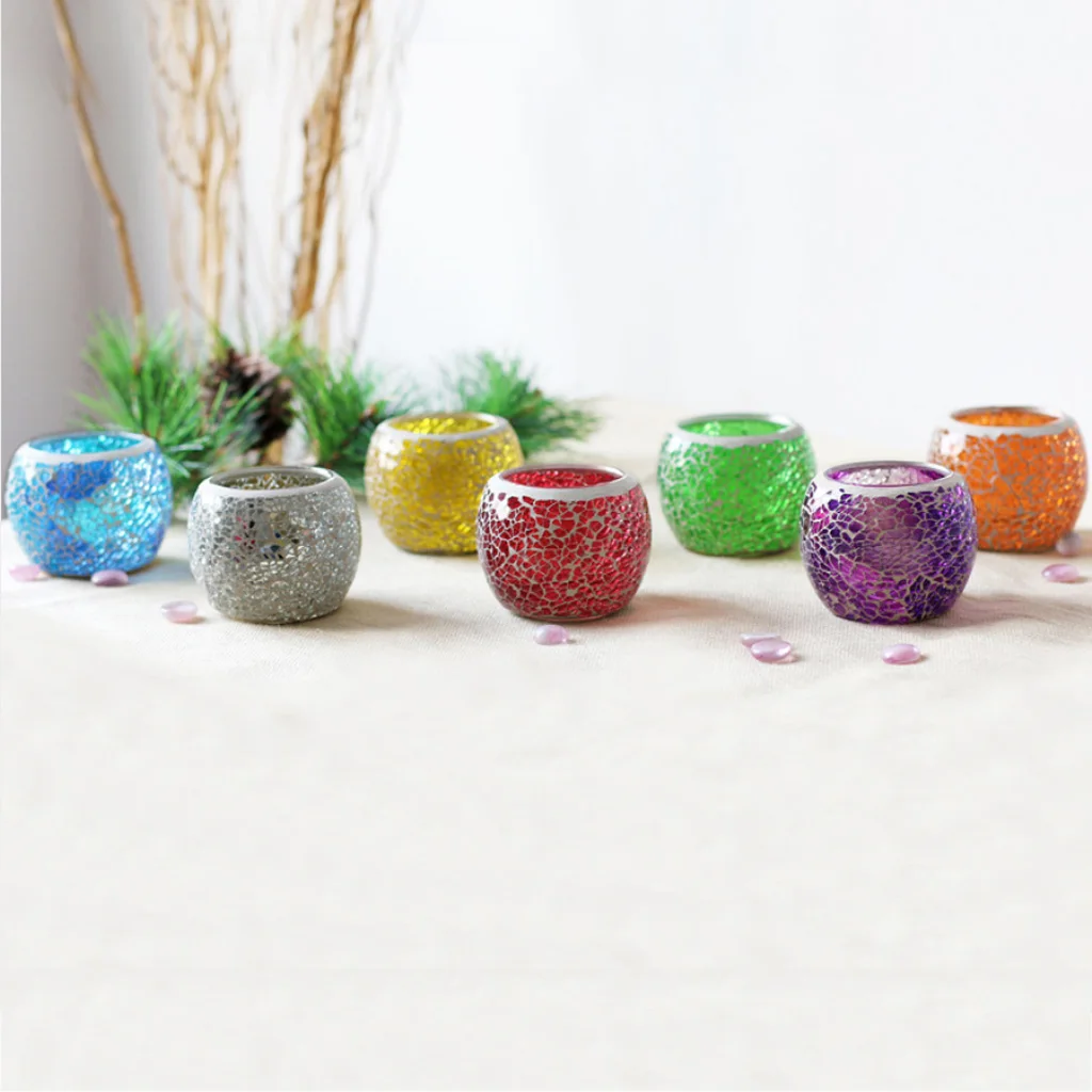Assorted Colorful Mosaic Glass Candle Holder Bowl Tealight Votive Holder for Wedding Party Home Decor Birthday-Good Blessing