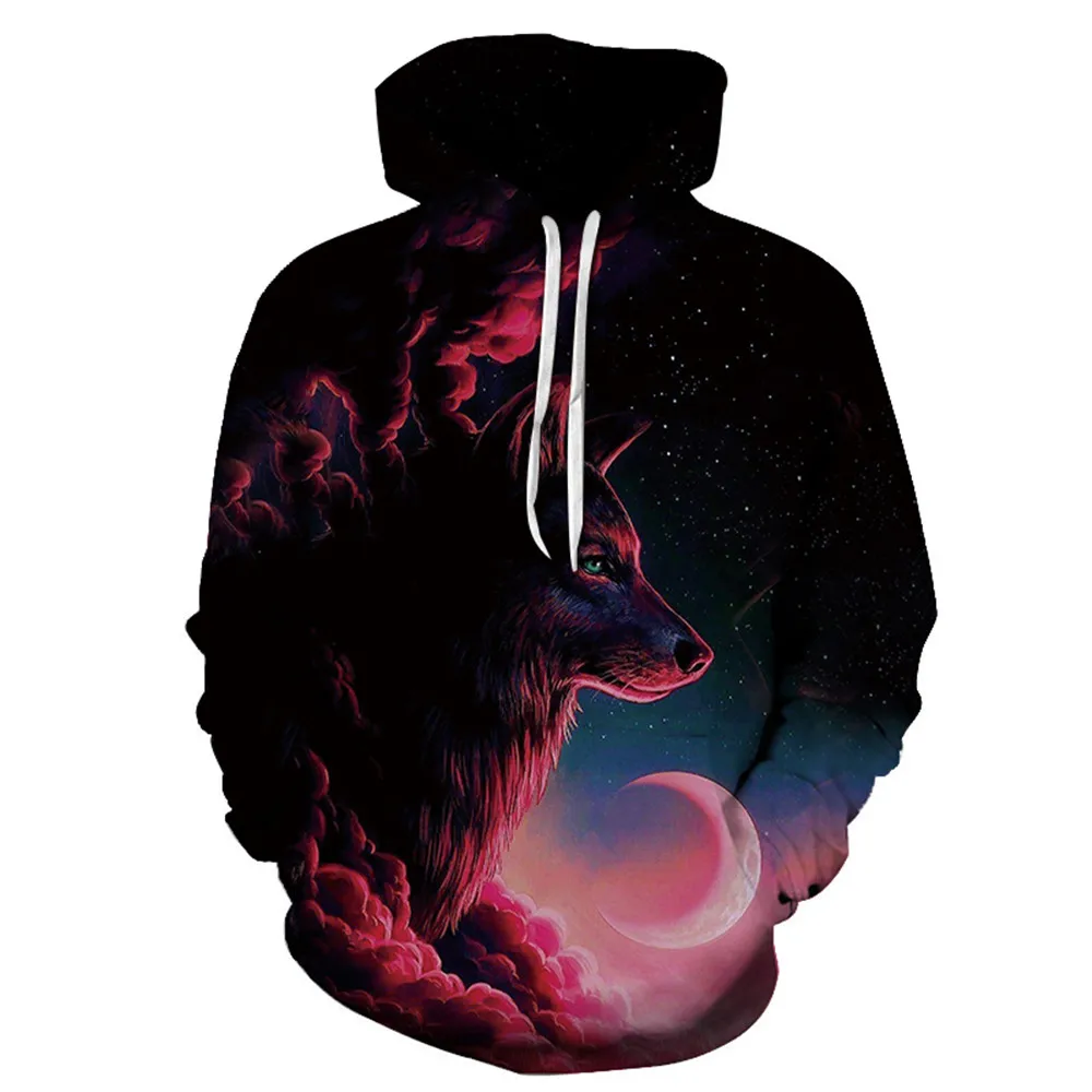 

Harajuku Style Night Sky Wolf Hoodies Unisex Couple Oversize Sweatshirts 3D Digital Print Spring And Autumn Hooded Jacket