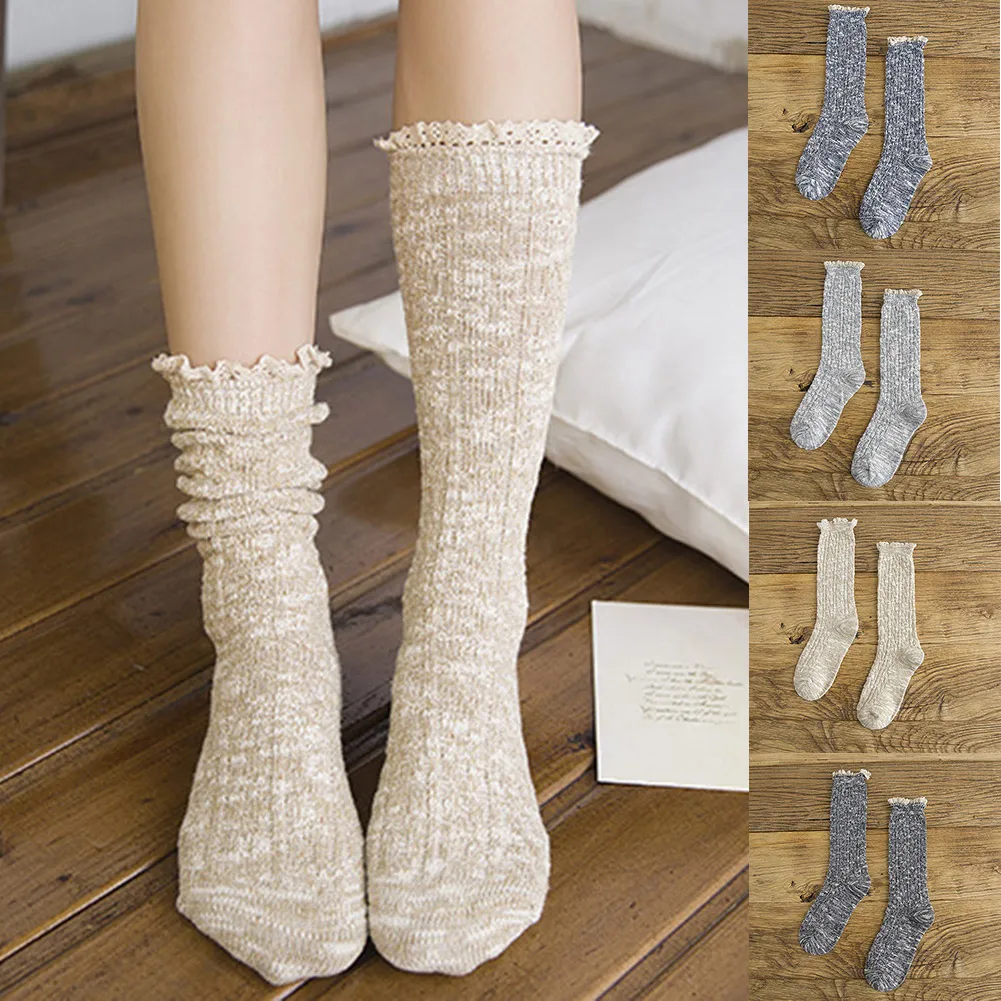 1 пара, высокое качество, женские повседневные хлопковые осенние вязаные носки, женские носки до икры с кружевной отделкой, Calcetines Mujer, один размер, женские носки