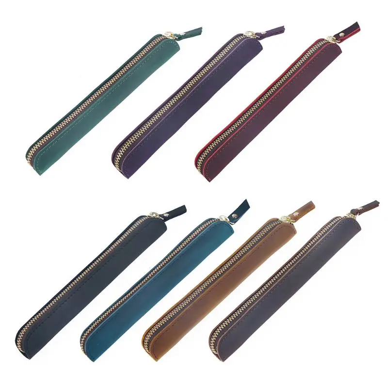 

Handmade Leather Pencil Bag Vintage Retro Zipper Fountain Pen Brush Pouch Case