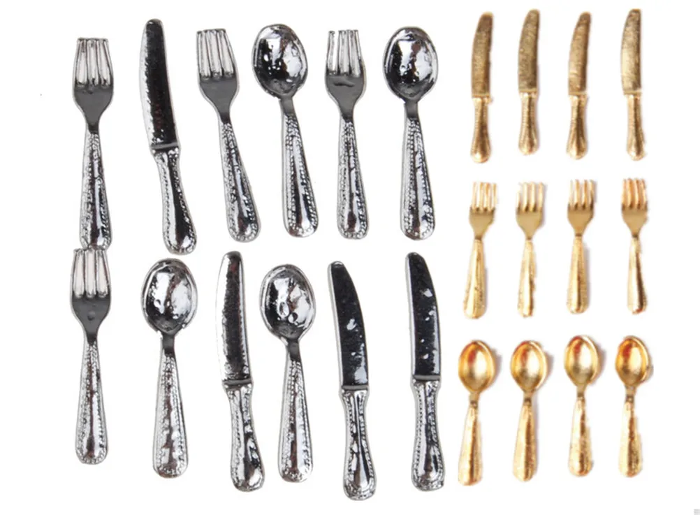 Vintage Dollhouse Miniatures Tableware Mini Cutlery Knife Fork Spoon Childrens Toy For Doll House Decor
