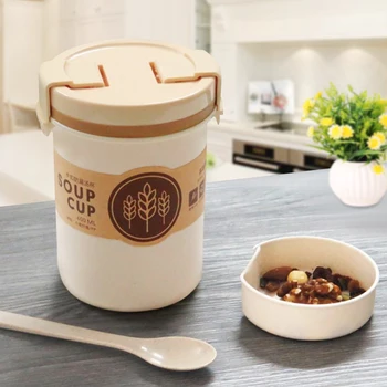 

600ML Wheat Straw Soup Cup Leak-proof Plastic Breakfast Microwaveable Water Snap Pot Mini Lunch Box Creative Milk Tea Cups
