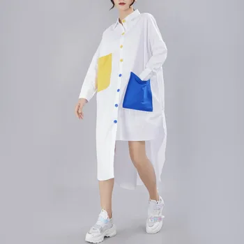 

OUSHANG casual loose cardigan contrast color pocket button loose casual long sleeve shirt female irregular long shirt skirt
