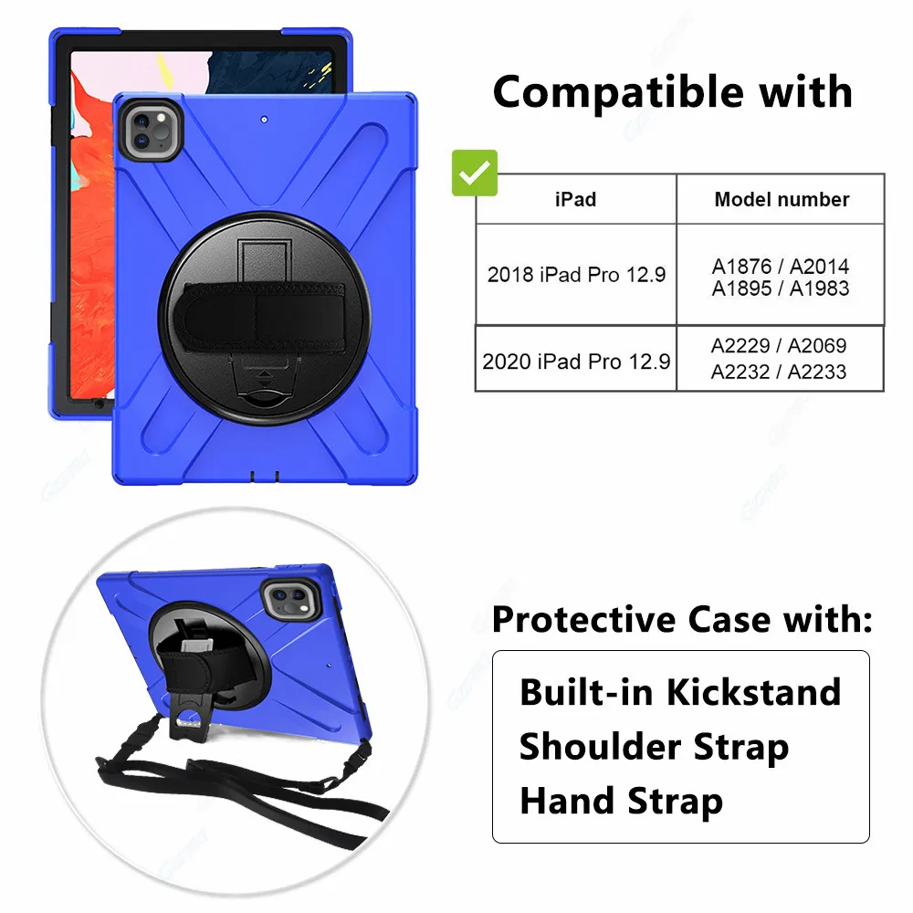 GZERMA Case For iPad Pro 12.9 2020 Case With Hand Strap Shoulder Strap 360° Rotatable Stand Case For iPad Pro 12.9'' 2020 2018