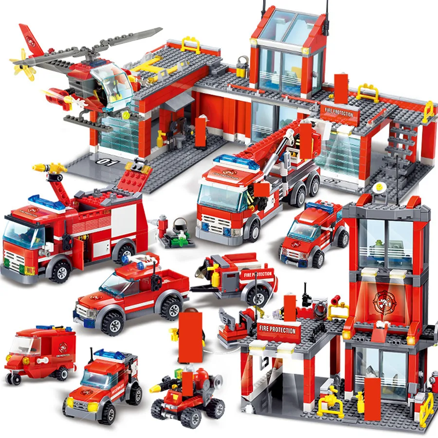 

CITY FIRE FIGHT Building Blocks Sets Urban Firefighter Ladder Truck Car Model Brinquedos Bricks Playmobil Educational Kids Toys