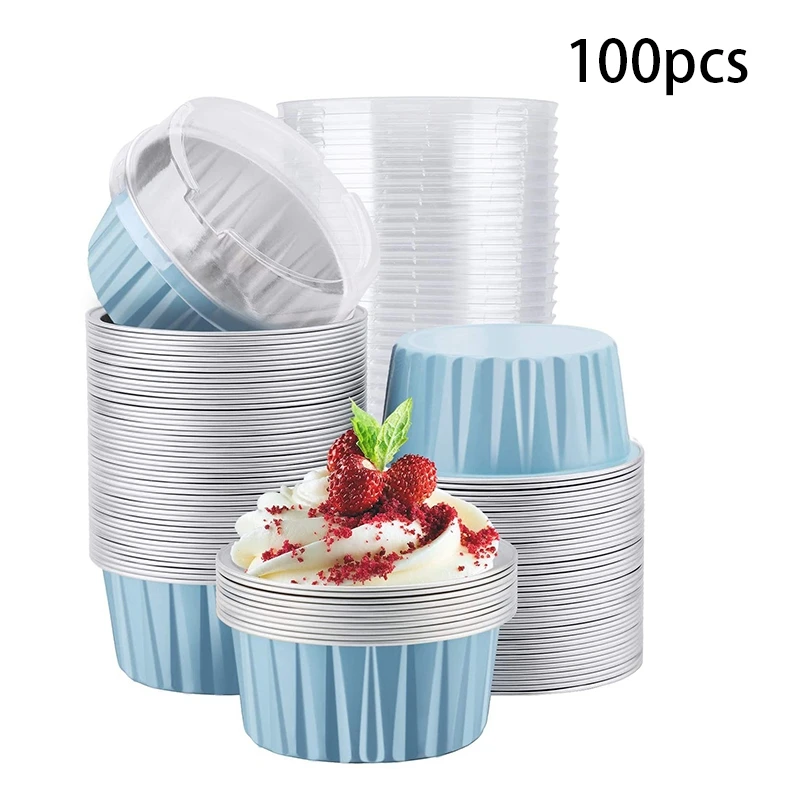 100Pcs 5Oz 125Ml Disposable Cake Baking Cups Muffin Liners with Lids Aluminum Foil Cupcake Cups-Blue |