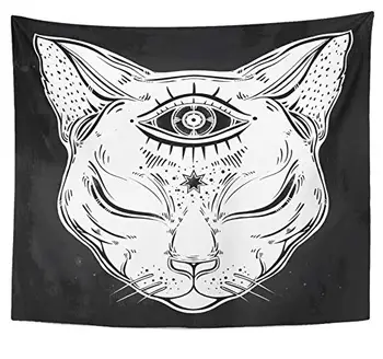 

Polyester Fabric Print Tapestry Home Decor Black Cat Head Portrait with Moon and Three Eyes Third is Open for Halloween