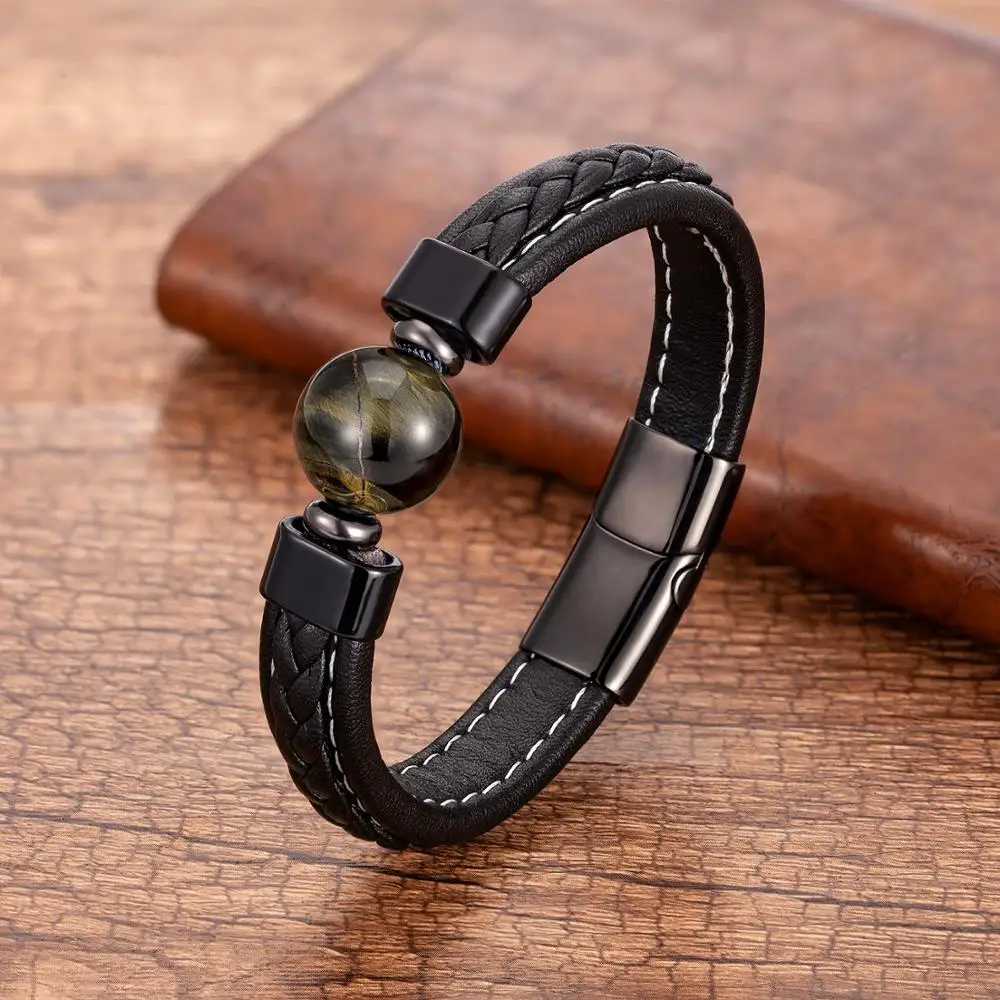 Genuine Leather Bracelets Men Stainless Steel Clasp Charm Bracelet For Male 6 Style Natural Tiger Eye Lava Stone Jewelry