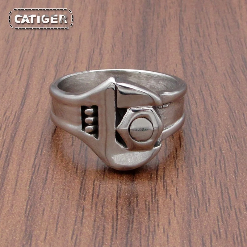 Punk 316L Stainless Steel Silver Color Biker Mechanic Wrench Screw Style Tools Ring Jewelry 3