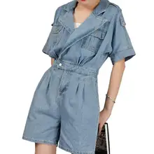 Джинсовые комбинезоны женские стиль сафари Новая мода bf с коротким рукавом джинсовые шорты комбинезоны