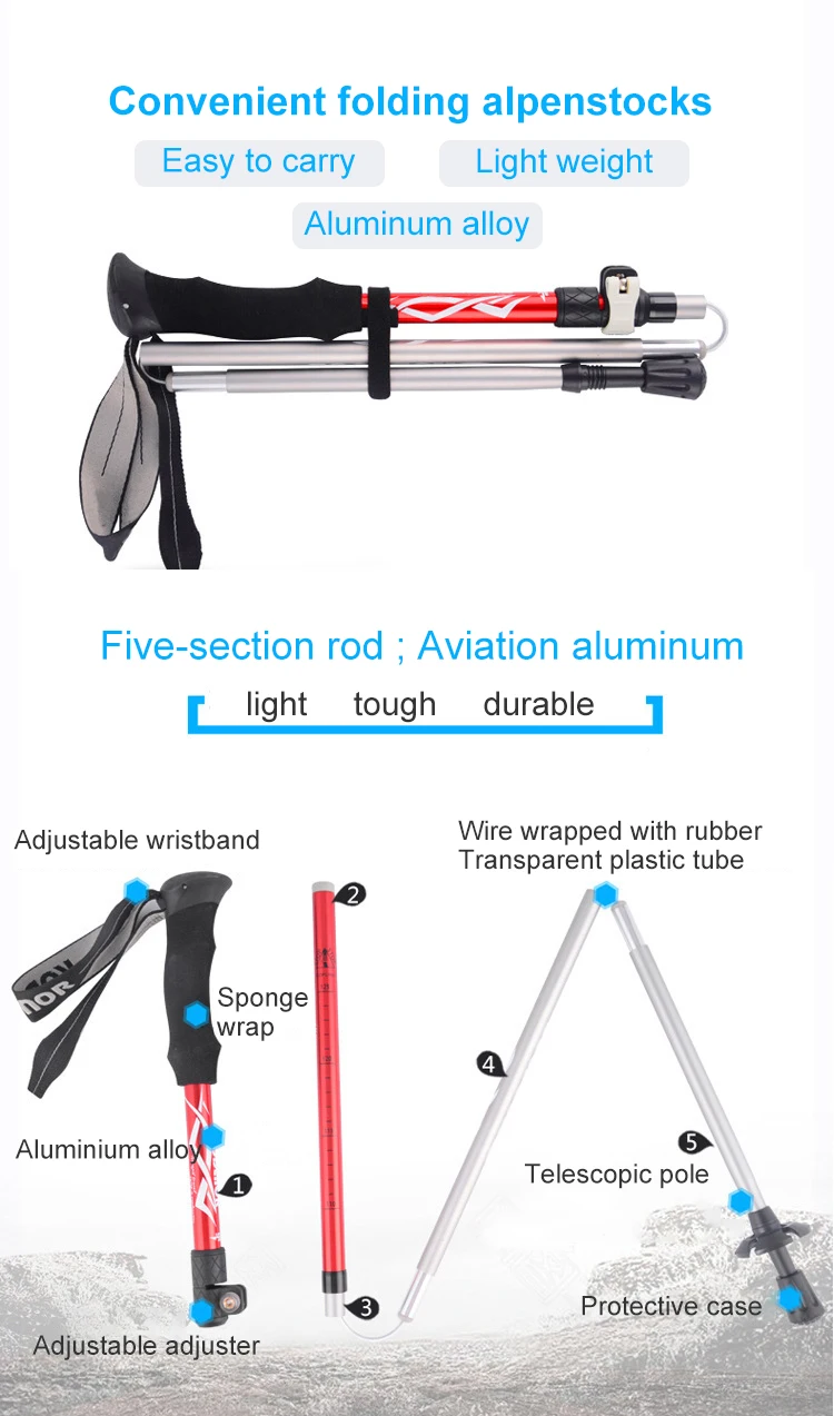 Портативный складная прогулочная палка Сверхлегкий складной регулируемый 5-секционный трекинговые палки, прогулочная палка замок быстро