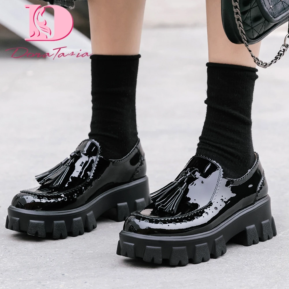

Doratasia Hot New Design Genuine Cow Leather Fringe Brogue Shoes Woman Flats Slip-On Solid Fringe Office Lady Flats Women
