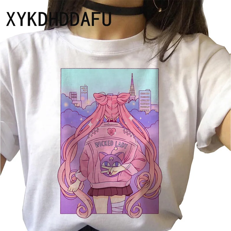 Sailor Moon футболка 2020 Женская каваи Харадзюку летняя Забавный Ulzzang Топ Футболка
