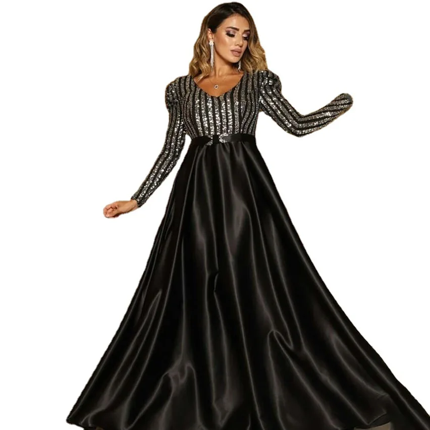 BAZIIINGAAA Luxury Evening Dresses V-Neck Long Sleeves A-shaped Floor-Length Chiffion 2022 New for Lace Classic Prom Dress Women