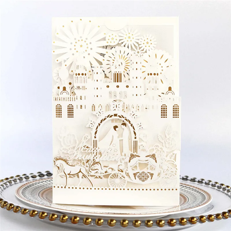  New Wedding Invitations 3D Card Elegant Bride and Groom Castle Wedding Favors Laser Cut Envelopes W - 4.00026E+12