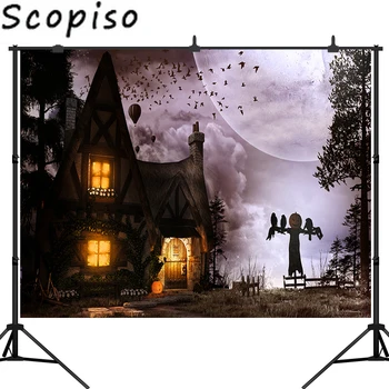 

Scopiso Halloween Photography Backdrop Scarecrow Crow Moon Pumpkin House Bats Photo Booth Props Backgrounds