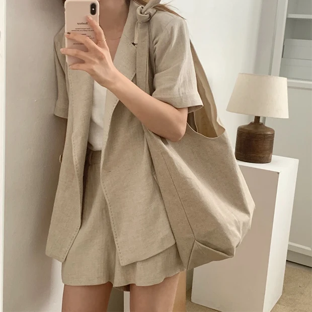 Mozuleva New Summer Women 2 Piece Sets Matching Wide Leg Short Pants Casual Cotton and Linen Pocket Lady Biker Shorts Suit 2020