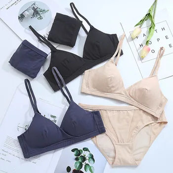 

2020 New Style Thin Students Bra Sexy U-Back Pure Cotton Non-Steel Ring Inserting Piece Bra Set