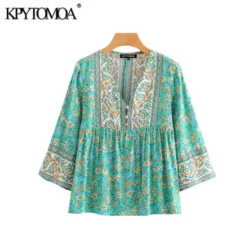 

KPYTOMOA Women Bohemian Floral Print Buttons Blouses Vintage V Neck Three Quarter Sleeve Summer Beach Shirts Blusas Chic Tops