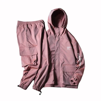 

Men's Tracksuit Man Reflective Two Piece Set Sweatsuit 2020 New Overalls Leisure Suit Hooded Jackets + Hip Hop Harlan Pants