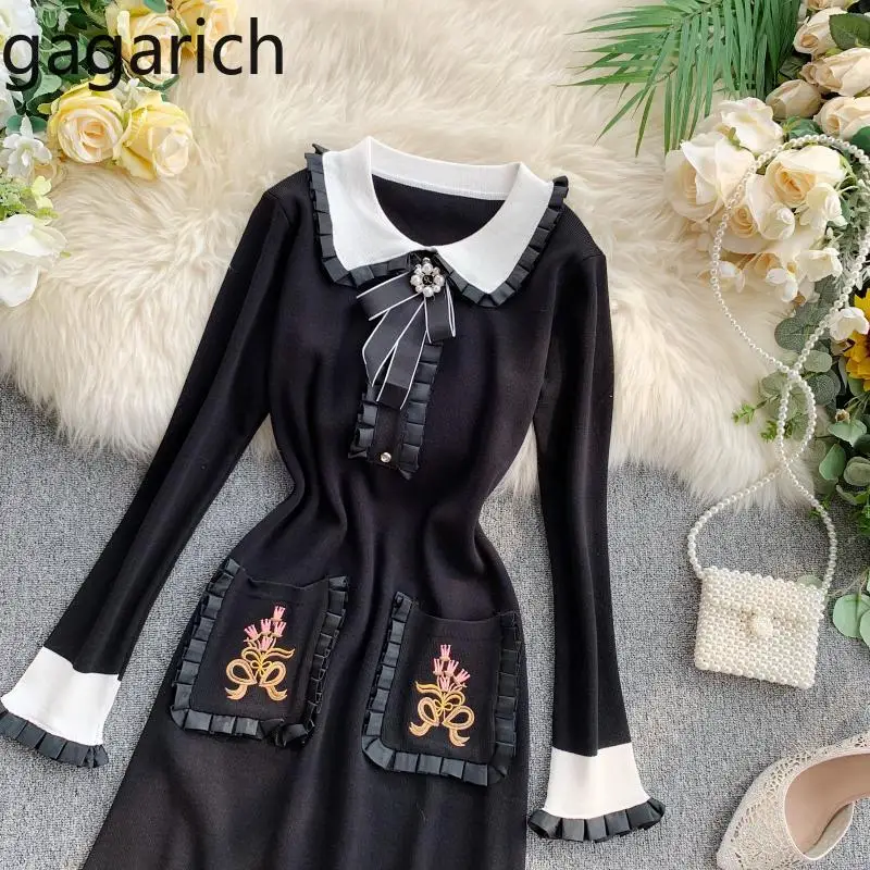 Gagarich Ретро Черное платье осеннее Новое милое элегантное женское платье с длинным рукавом и вышивкой