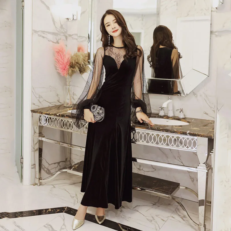 

Elegant Evening Dresses Illusion Ruched Women Party Gowns K305 Black A-Line Formal Robe De Soiree Long Sleeve Vestidos 2020
