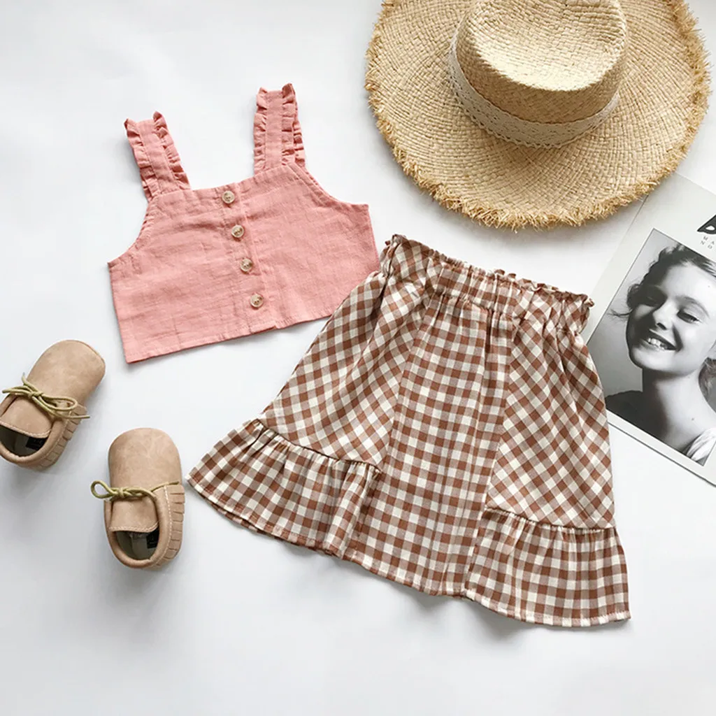 

Newborn boy clothes 2019 Toddler Baby Kids Girls Solid Ruched Strap Vest Tops Plaid Skirt Set Clothes conjunto infantil menino
