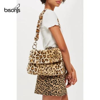 

BISONJS Fur Bag animal print leopard bag women lady winter warm crossbody bags famous Brand Large Capacity shoudler Clutch 2020