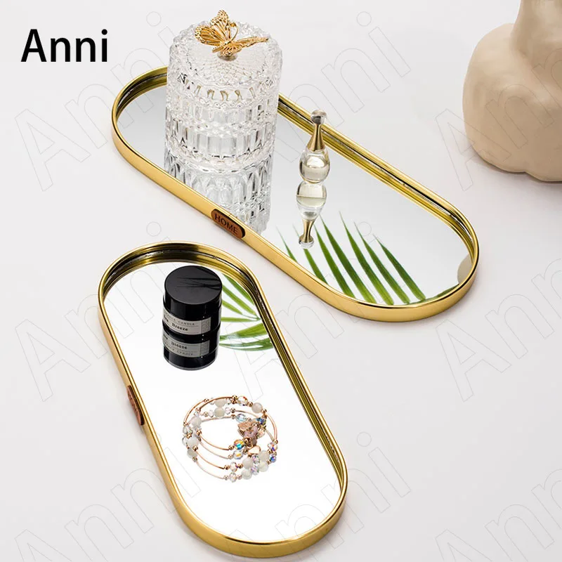 Golden Stroke Oval Mirror Tray Nordic Modern Electroplating Process Metal Jewelry Cosmetic Storage Living Room Decoration | Дом и сад